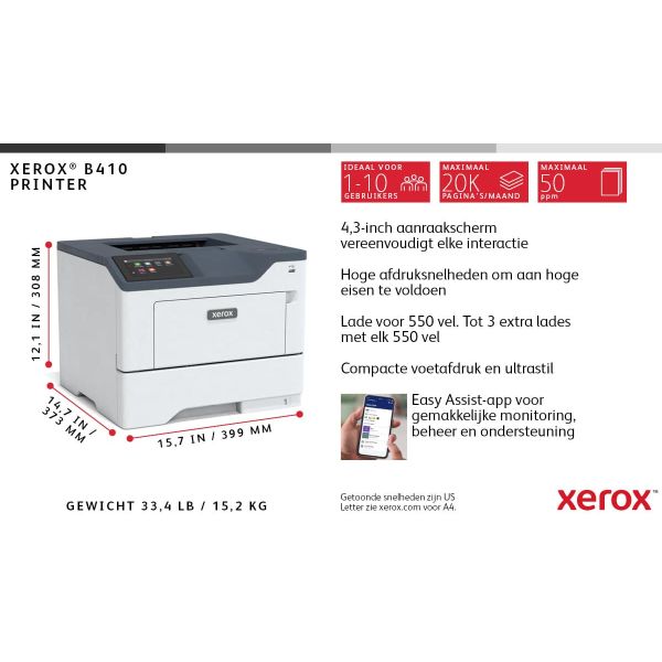 Xerox B410 A4 47 ppm draadloze dubbelzijdige printer PS3 PCL5e/6 2 laden totaal 650 vel (B410V_DN)