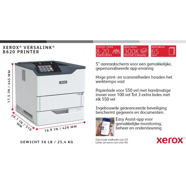 Xerox VersaLink B620 A4 61 ppm dubbelzijdige printer PS3 PCL5e/6 2 laden 650 vel (B620V_DN)