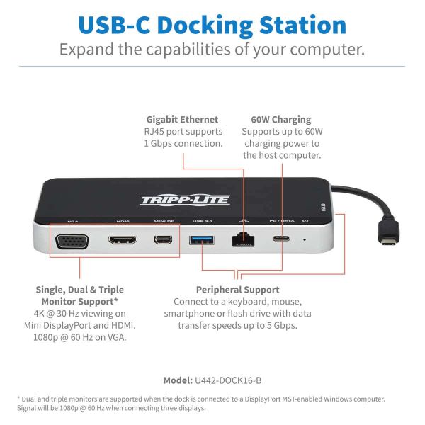 Tripp Lite U442-DOCK16-B laptop dock & poortreplicator Bedraad USB 3.2 Gen 1 (3.1 Gen 1) Type-C Grijs (U442-DOCK16-B)