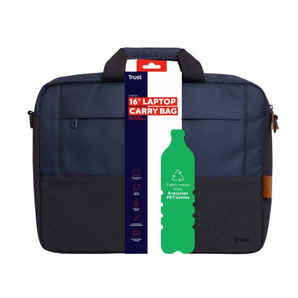 Trust Lisboa Laptop schoudertas 16 inch - Laptop schoudertas – Voor laptops tot 16 inch – Gerecycled polyester – Blauw (24980)