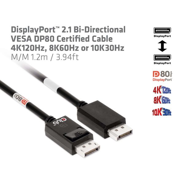 CLUB3D DisplayPort 2.1 Bi-Directional VESA DP80 Gecertificeerde kabel 4K240Hz, 8K60Hz or 10K30Hz M/M 1.2m/3.94ft (CAC-1091)