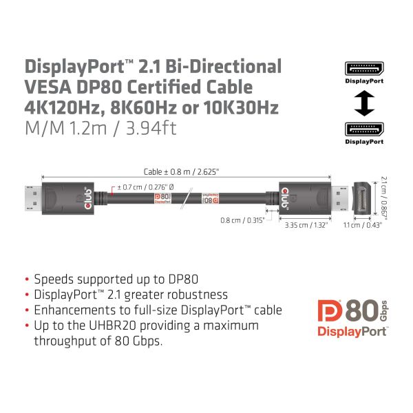 CLUB3D DisplayPort 2.1 Bi-Directional VESA DP80 Gecertificeerde kabel 4K240Hz, 8K60Hz or 10K30Hz M/M 1.2m/3.94ft (CAC-1091)