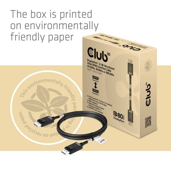 CLUB3D DisplayPort 2.1 Bi-Directional VESA DP80 Gecertificeerde kabel 4K240Hz, 8K60Hz or 10K30Hz M/M 1.2m/3.94ft (CAC-1091)