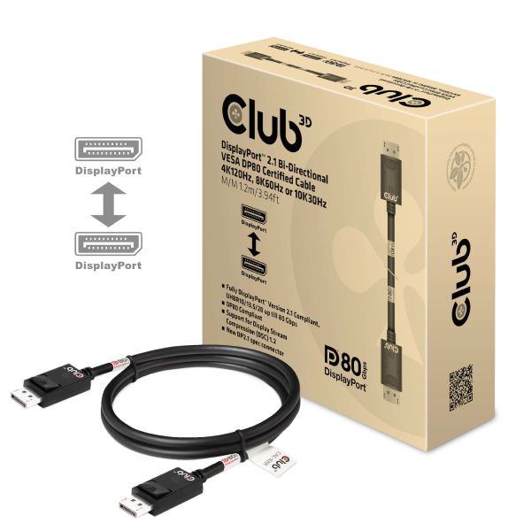 CLUB3D DisplayPort 2.1 Bi-Directional VESA DP80 Gecertificeerde kabel 4K240Hz, 8K60Hz or 10K30Hz M/M 1.2m/3.94ft (CAC-1091)