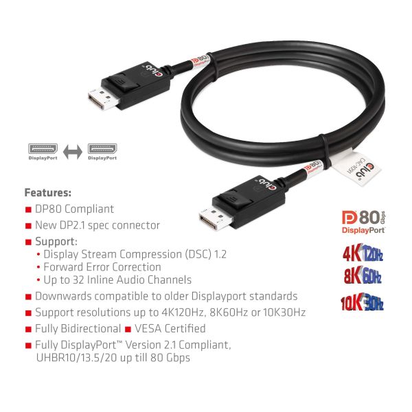 CLUB3D DisplayPort 2.1 Bi-Directional VESA DP80 Gecertificeerde kabel 4K240Hz, 8K60Hz or 10K30Hz M/M 1.2m/3.94ft (CAC-1091)