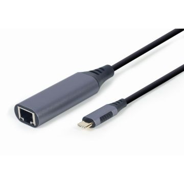 Gembird A-USB3C-LAN-01 interface hub USB 3.2 Gen 1 (3.1 Gen 1) Type-C 1000 Mbit/s Zwart, Grijs (A-USB3C-LAN-01) thumbnail