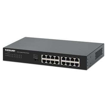 Intellinet 16-poorts Gigabit Ethernet netwerk switch, desktopuitvoering, metalen behuizing, Groene Energie IEEE 802.3az, incl. 19" rackbeugels, 3 jaar garantie (561815) thumbnail