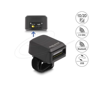 DeLOCK Ringbarcode Scanner 1D und 2D mit 2,4 GHz oder Bluetooth - Tragbares Barcodelesegerät - 1D/2D - CMOS - Codabar - Code 128 (90607) thumbnail