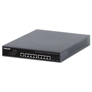 Intellinet 10-poorts L2+ volledig beheerde PoE++ netwerk switch, 8x Gigabit Ethernet + 2x SFP uplinks, IEEE 802.3bt (2x 90 W, 6x 30 W), 242 W PoE-budget, desktopformaat, incl. 19" rackbeugels, 3 jaar garantie (562003) thumbnail