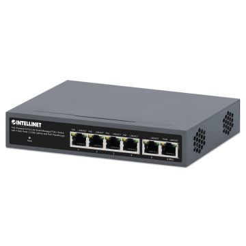 Intellinet PoE-gevoede 6-poorts lite smart managed PoE+ netwerk switch met 4 GbE-poorten / 2 GbE-uplinks en PoE passthrough, 3 jaar garantie (562034) thumbnail