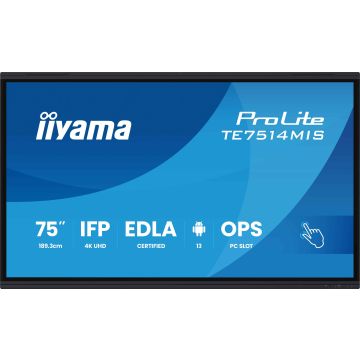 iiyama PROLITE TE7514MIS-B2AG Kiosk-ontwerp 190,5 cm (75") LCD Wifi 435 cd/m² 4K Ultra HD Zwart Touchscreen Type processor Android 24/7 (TE7514MIS-B2AG) thumbnail