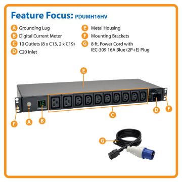 Eaton 3.7kW Single-Phase Local Metered PDU 208 230V Outlets 8 C13 2 C19 IEC-309 16A Blue 8 ft. 2.43 m Cord 1U Rack-Mount TAA (PDUMH16HV) thumbnail