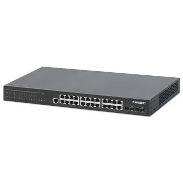 Intellinet 28-poorts L2+ managed PoE+ netwerk switch, 24x Gigabit RJ45 + 4x 10G SFP+ uplinks, IEEE 802.3at/af conform, PoE-budget 370 W, Layer 2+/L3 Lite functies, 19" rackmontage, 3 jaar garantie (561846) thumbnail