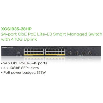 ZyXEL XGS1935-28HP 28 Port Smart Managed PoE Switch 24x Gigabit PoE and 4x 10G SFP+ hybrid mode standalone or NebulaFlex Cloud 3 (XGS193528HPEU0101F) thumbnail