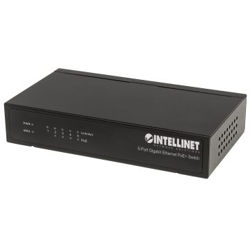Intellinet 5-poorts Gigabit Ethernet PoE+ netwerk switch, 4x PoE-poorten, IEEE 802.3at/af conform, 60 W PoE-budget, endspan, desktopuitvoering, metalen behuizing, 3 jaar garantie (561228) thumbnail