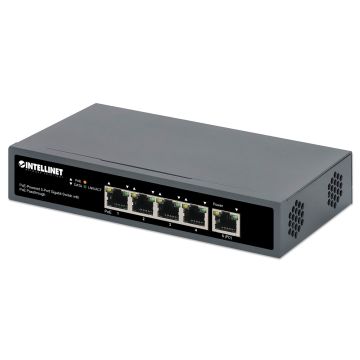 Intellinet 5-poorts Gigabit netwerk switch met PoE passthrough, 1x 95 W PD-ingang (802.3bt), 4x PSE PoE-uitgang, IEEE 802.3at/af conform, desktopof wandmontage, 3 jaar garantie (561808) thumbnail