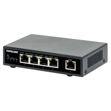 Intellinet 5-poorts Gigabit Ethernet PoE+ netwerk switch, 4x PoE-poorten, IEEE 802.3at/af conform, 62 W PoE-budget, endspan, desktopuitvoering, 3 jaar garantie (561839) thumbnail