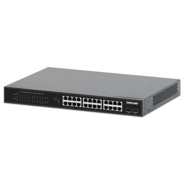 Intellinet 24-poorts Gigabit Ethernet PoE+ netwerk switch, 24x RJ45 10/100/1000 Mbps, 2x SFP-uplink, IEEE 802.3at/af conform, PoE-budget 370 W, endspan, 19" rackmontage, metalen behuizing, 3 jaar garantie (561891) thumbnail