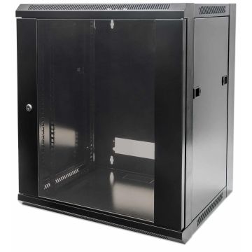 Intellinet 19" netwerkkast wandmontage (standaard), 9U, 450 mm diep, zwart, bouwpakket (flatpack), max. 60 kg, bruikbare diepte 270–350 mm, metalen & glazen deur, afneembare zijpanelen, montagemateriaal niet inbegrepen (711777) thumbnail