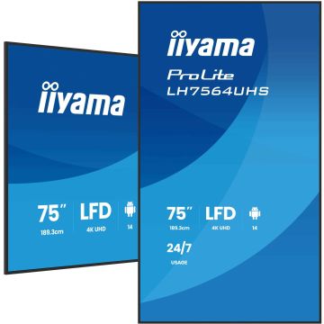 iiyama LH7564UHS-B1AG beeldkrant Digitale signage flatscreen 190,5 cm (75") Wifi 500 cd/m² 4K Ultra HD Zwart Type processor Android 24/7 (LH7564UHS-B1AG) thumbnail