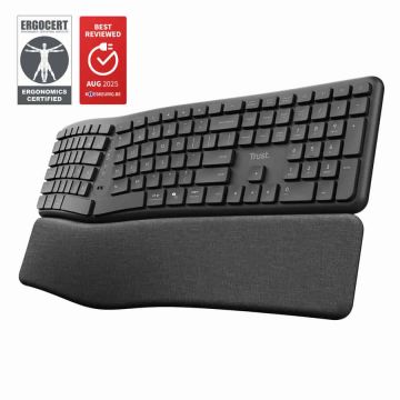 Trust Keyra Ergonomisch Draadloos Toetsenbord - Ergonomisch toetsenbord – USB en Bluetooth verbinding – QWERTY US International – Zwart (25459) thumbnail