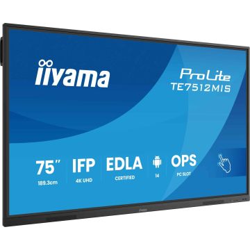 iiyama TE7512MIS-B4AG beeldkrant Kiosk-ontwerp 190,5 cm (75") LCD Wifi 400 cd/m² 4K Ultra HD Zwart Touchscreen Type processor Android 24/7 (TE7512MIS-B4AG) thumbnail