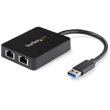 StarTech.com USB 3.0 naar Dual Port Gigabit Ethernet Adapter, USB 3.0 Netwerkadapter NIC met USB Poort, USB naar 2x RJ45 LAN GbE Adapter, USB Passthrough (USB32000SPT) thumbnail