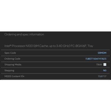 Intel NB CPU Intel N100 / FCBGA1264 / 4 Core / 4 Threads 6 Cores / 12 Threads / 18M Cache (FJ8071504741823S) thumbnail