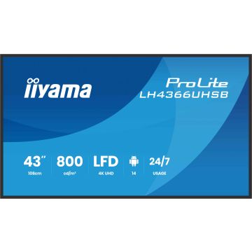 iiyama LH4366UHSB-B1AG beeldkrant Digitale signage flatscreen 109,2 cm (43") LCD Wifi 800 cd/m² 4K Ultra HD Zwart Type processor Android 24/7 (LH4366UHSB-B1AG) thumbnail