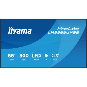 iiyama LH5566UHSB-B1AG beeldkrant Digitale signage flatscreen 139,7 cm (55") LCD Wifi 800 cd/m² 4K Ultra HD Zwart Type processor Android 24/7 (LH5566UHSB-B1AG) thumbnail