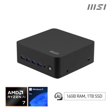MSI Cubi Z AI 8M-012EU AMD Ryzen™ 7 8845HS 16 GB DDR5-SDRAM 1 TB SSD Windows 11 Pro Mini PC Zwart (9S6-B03231-012) thumbnail