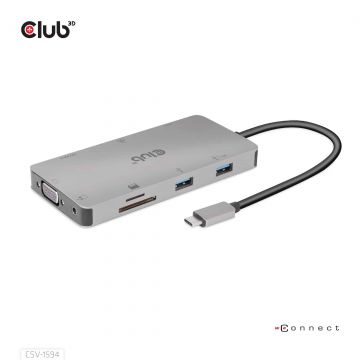 CLUB3D Type-C 9-in-1 hub with HDMI, VGA, 2x USB Gen1 Type-A,RJ45,SD/Micro SD card slots and USB Type-C oplaad mogelijkheid tot max 100Watt( Ook geschikt voor Apple M1 en Thunderbolt 3)