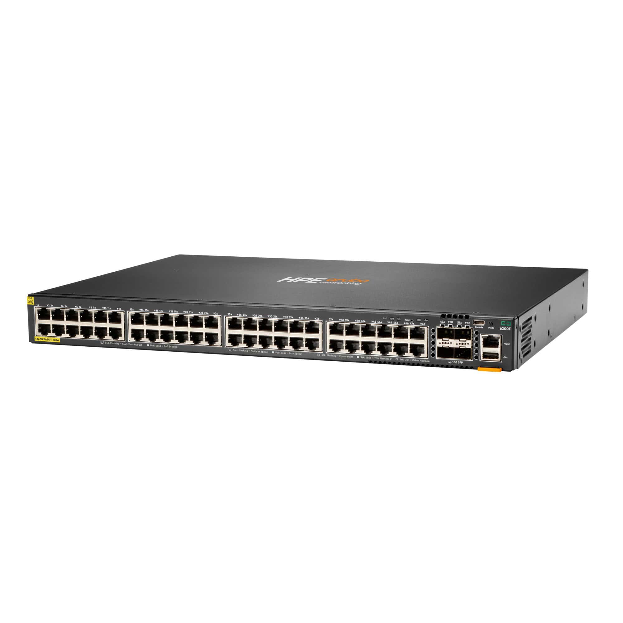 HPE Aruba Networking CX 6200F Layer 3 switch, 48 poorten Class 4 PoE, 4x SFP+, 740W (ander aanzicht)
