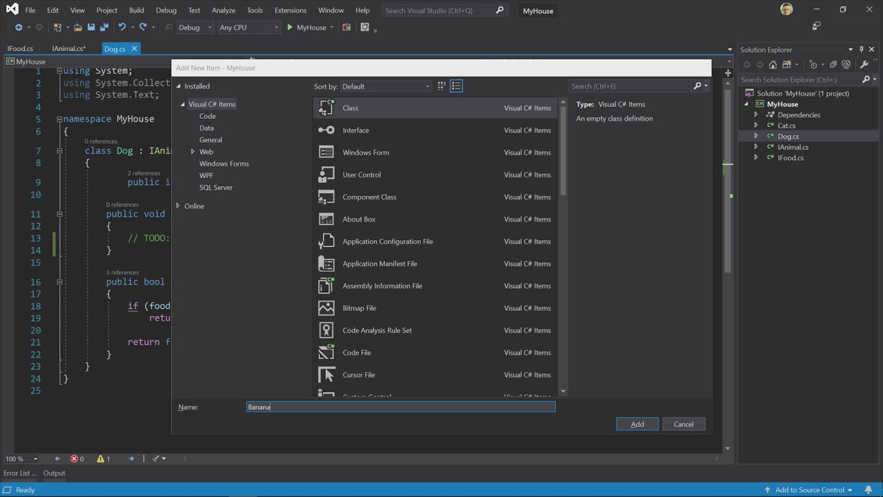 Microsoft Visual Studio 2019 (nieuw item toevoegen venster)
